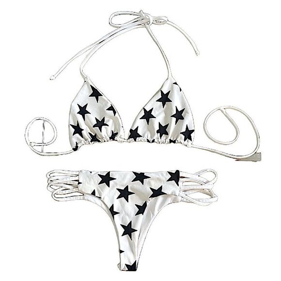 Extra small bikini, Brazilian cut white with black stars, string detail on side - Picture 1 of 7